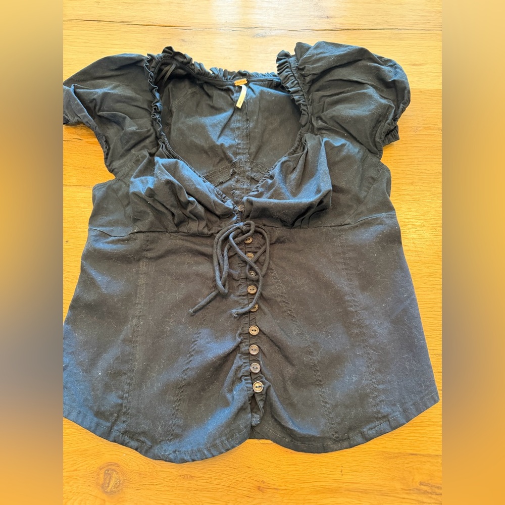 Free People Black Button-Front Tie Blouse with Puff Sleeves